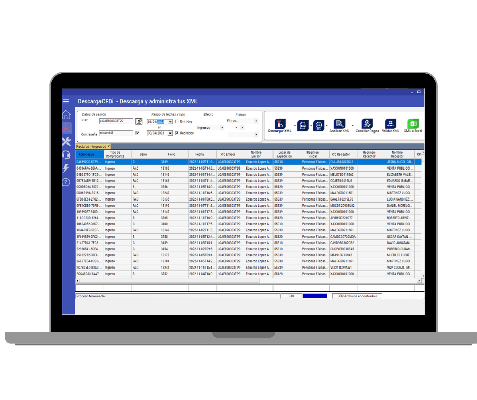 Software DescargaCFDi para Windows y Mac Interfaz del software de descarga de XML mostrando una laptop con la aplicación